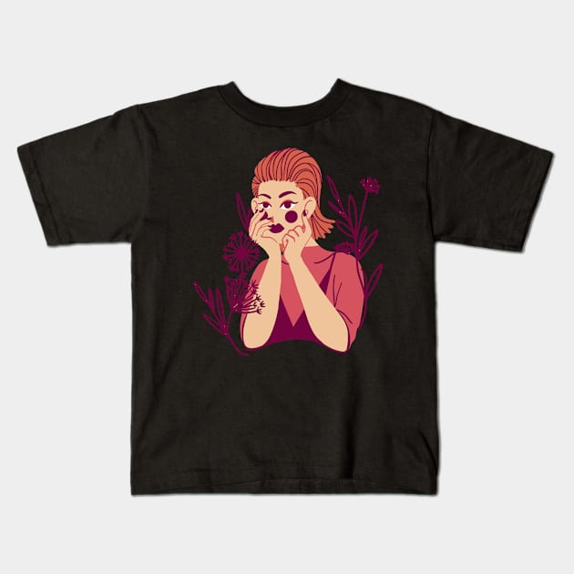 Wild Girl Floral Woman With Flowers Redhead Kids T-Shirt by olivetees